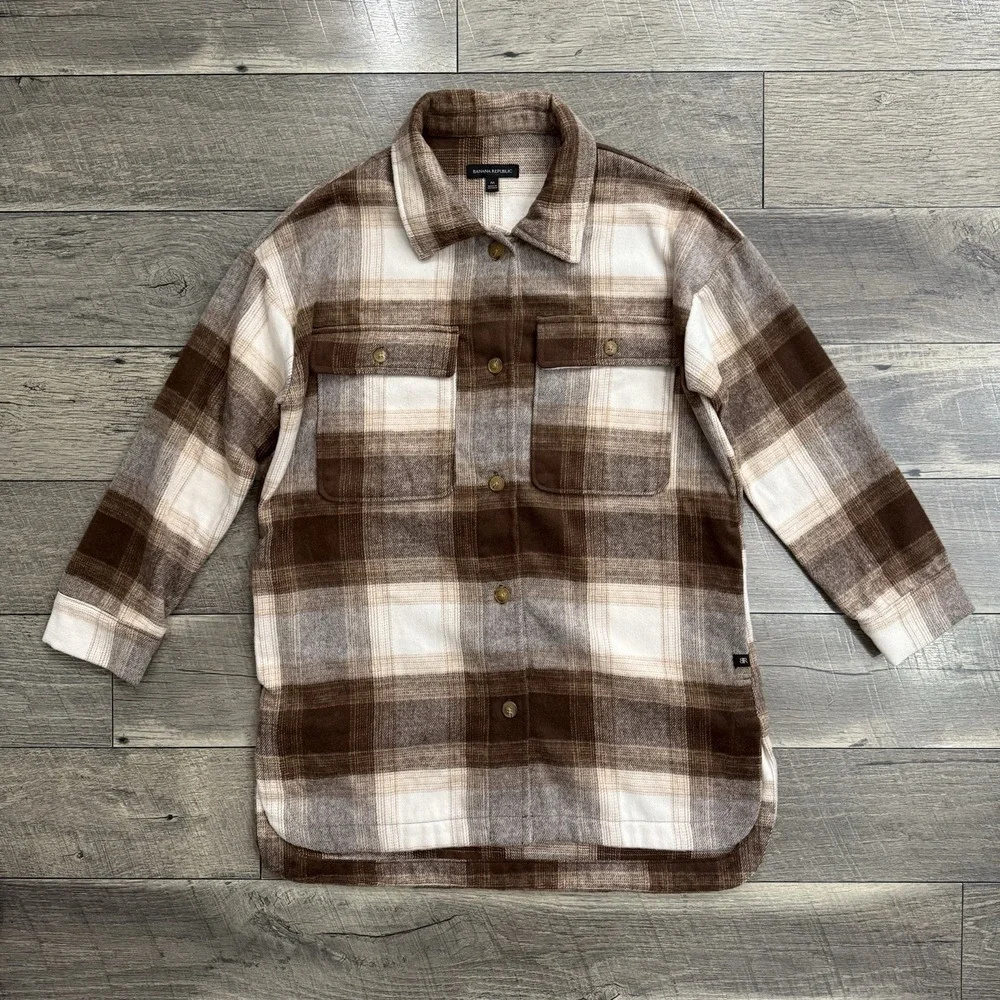 VTG Banana Republic Shirt Mens Medium Brown Plaid‎ Wool Blend Button Up Shacket